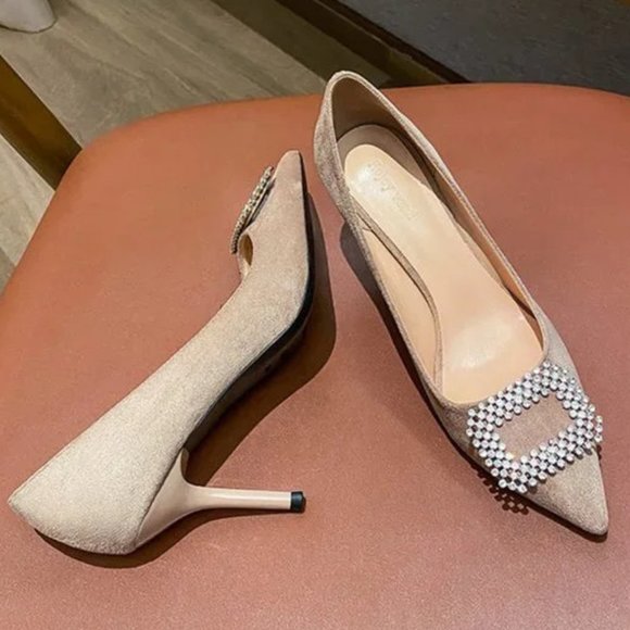 New velvet fine heel rhinestone cubes with pointed shallow mouth shoes - Picture 1 of 5